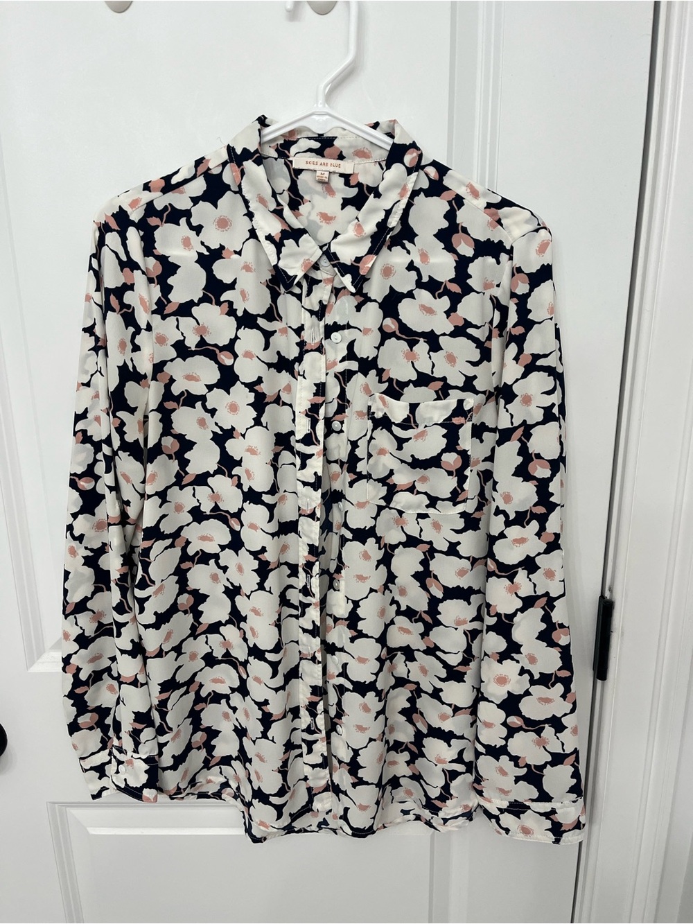 Floral Button-Up Long Sleeve Blouse. Navy blue back & White with Blush flowers